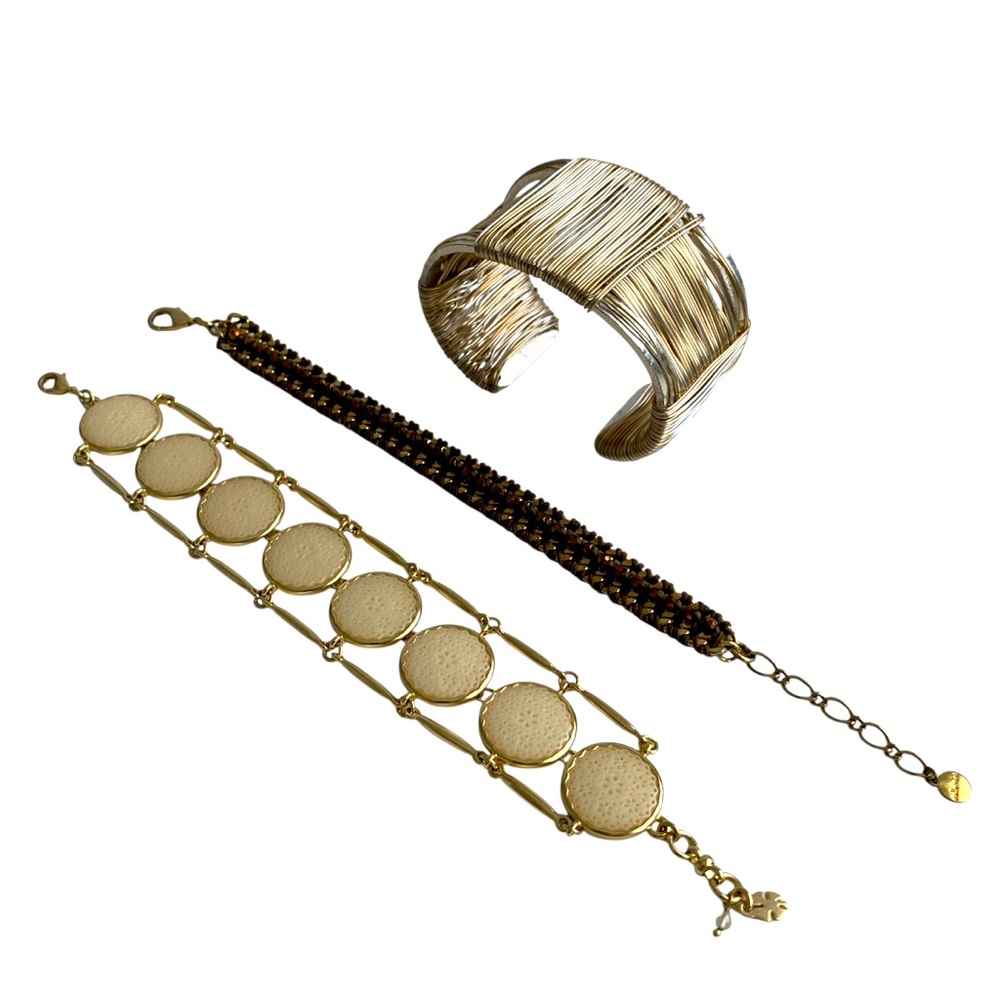 Gold & Silver Bracelet Lot 3 Pieces Cuff Medallion Beaded Wrap
